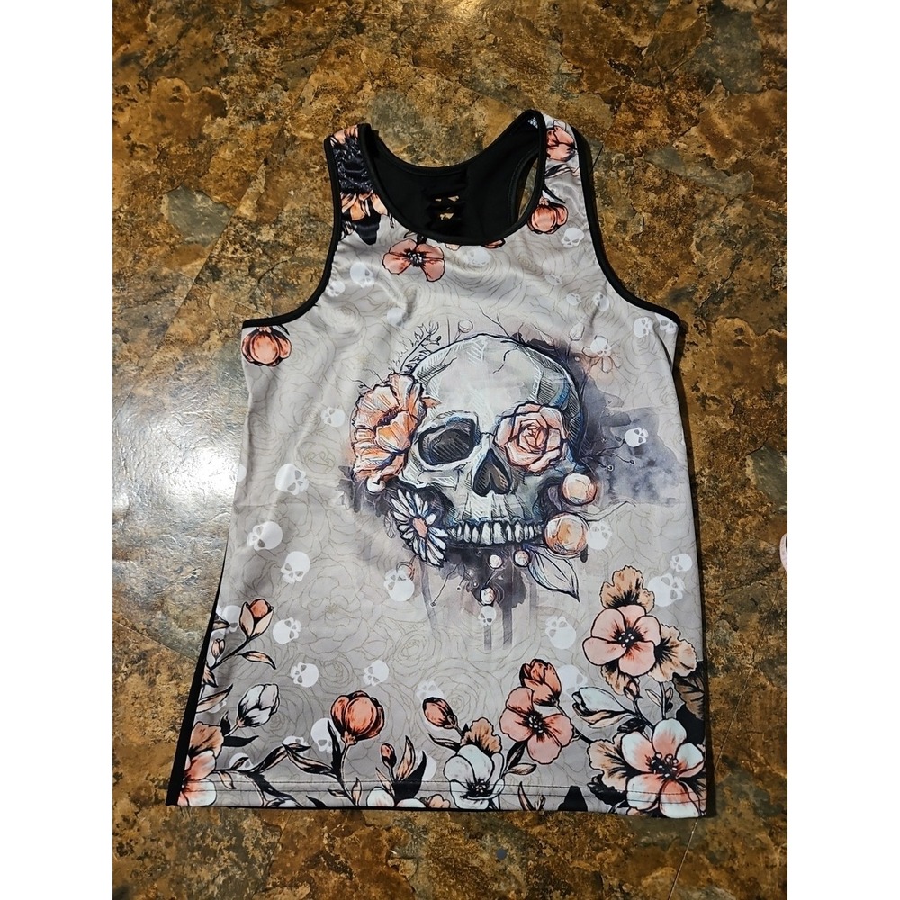 Skull Tank Top Womans Small 17.5"P-P Gray/Black skull floral Racer Back tank(182